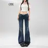 Jeans Acampanados Elásticos de Tiro Ultra Bajo Azul Lavado para Mujer, Pantalones de Pierna Ancha Largos Hasta el Suelo Versátiles Estilizadores Estilo Retro Americano Hot Girl