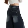 Jeans casuales de pierna ancha para mujer, nuevos de cintura alta adelgazantes holgados modernos azul grisáceo pantalones largos, azul grisáceo longitud extendida por Yichun