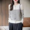 Nuevo cárdigan de punto de algodón puro con cuello redondo, de manga larga, a rayas de bloques de color, holgado, para mujer, de principios de otoño y primavera.