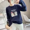 Camiseta de manga comprida de algodão puro com estampa de cachorrinho estilo cartoon coreano para tamanhos grandes femininos, top casual de corte solto para senhoras plus size, estilo fino de outono