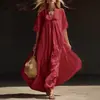 Vestido Longo de Verão 2026 Europeu e Americano Transfronteiriço Cor Sólida Decote V Solto Estilo Férias Manga Cinco Pontas para Mulheres