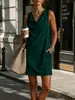 2026 Nuevo Verano Europeo y Americano Transfronterizo Estación Independiente de Amazon Color Sólido para Mujer Vestido Holgado sin Mangas con Cuello de Columpio