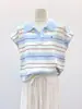 Top de Punto a Rayas Color-Block de Manga Corta con Cuello Polo a la Moda para Mujer, Camiseta Base Casual de Verano Ajustada, Camiseta Estilo Coreano