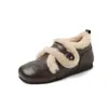 Sapatos Femininos Quentes Versáteis Estilo Coreano Couro de Vaca Estilo Birkenstock Peludos 2025 Aumento Interno de Altura Salto Baixo Couro Genuíno Pelúcia Sapatos Pequenos de Couro