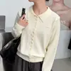Cárdigan de Punto con Cuello Polo de Encaje Botones Estilo Retro para Mujer Otoño/Invierno 2026 Nuevo Abrigo Suéter Grueso Elegante Adelgazante