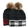 Otoño e invierno 2020 transfronterizo Europa y Estados Unidos nuevo gorro de lana Amazon explosiones Color a cuadros combinación de colores pompón de lana desmontable gorro de punto