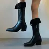 Botas ajustadas retro de dos vías hasta la rodilla con punta cuadrada, tacón grueso y hebilla de cinturón, modernas botas de jinete