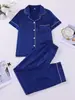 Estilo Europeo Satín Azul Casual Cardigan de Pijama Solapa Manga Corta Pantalón Largo Conjunto de Ropa para el Hogar para Mujer Venta al por Mayor