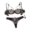 Conjunto de lencería sexy de encaje transparente, estilo francés negro para mujeres con poco busto, con varillas y efecto push-up, en un estilo puro y deseable