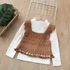 Suéter Infantil Roupa de Primavera e Outono para Meninas, Gola Doce de Princesa, Colete Tricotado com Babados Vazados e Franjas Conjunto de Duas Peças