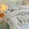 Juego de cuatro piezas estilo coreano de algodón 100% INS, estilo princesa con encaje, funda de edredón y sábana 100% algodón puro, juego de tres piezas para estudiantes