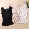 Camiseta Regata de Tricô de Seda Feminina com Decote V de Seda Renda Sexy Costas Bonitas Sem Mangas Camisa Base Top para Verão