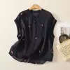 Top de algodón y lino estilo chino para mujer, versión fina de verano, cuello mao, diseño abotonado, camisa retro, nuevo estilo chino, corte holgado, blusa bordada de algodón y lino