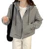 Estilo Europeu e Americano Foto Real Algodão Piquet Listrado Curto Tamanho Grande Moletom Cardigan Jaqueta Feminina Primavera & Outono Fino Solto Top