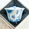 Conjunto de Chá Gaiwan Duas Peças Cor Azul Ink Gardenia Bêbado, Conjunto de Chá Kung Fu de Cerâmica para Uma Pessoa, Tigela de Chá Individual de Alto Valor para Preparar Chá