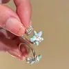 Anillo Abierto de Concha de Mariscos con Sal Marina y Estrella de Mar Azul para Mujer, Estilo Vacaciones en la Costa, Apilable, Diseño de Nicho, Anillo para el Dedo Índice