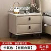 Mesita de noche de madera maciza y chapa de piedra, diseño moderno y minimalista, adecuada para apartamentos pequeños, con cajones para almacenamiento