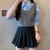 Pequeno terno de menina quente colete de malha roupas femininas início do outono listrado azul camisa curta empilhado falso duas peças