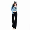 Jeans feminino 2026 transfronteiriço, levemente flare, estilo americano, lavado, com aspecto desgastado, acabamento azul gelo vintage e efeito de caimento