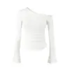 Estilo chica picante, camiseta de manga larga descubierta, nueva colección de otoño, plisada, entallada a la cintura, corte ajustado, elegante, con abertura y mangas acampanadas, top para mujer
