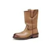 Botas de piel de vacuno de capa superior desgastada para mujer hasta la mitad de la pantorrilla, nuevo estilo otoño e invierno, piel genuina, punta redonda vintage, botas sin cordones de tacón medio, botas de chimenea