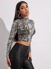 Moda Transfronteriza Europea y Americana: Tops Estampados de Moda para Mujer, Camisetas Sexy de Malla Transparente de Manga Larga