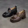 Zapatos Mary Jane de cuero genuino con tacón grueso marrón para mujer, nuevos mocasines de otoño 2026, zapatos casuales de cuero para mujer para ir al trabajo