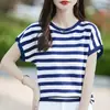 Camiseta de punto de verano transfronteriza de moda nueva para mujer, manga corta, cuello redondo, a rayas, top tipo chaqueta holgado de bloques de color, jersey