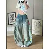 Jeans largo de cintura alta para mulheres, design de graffiti com respingos de tinta lavado estilo americano, calça reta solta de comprimento até o chão para o inverno vintage