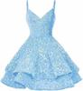 Vestido de Noite Transfronteiriço Aliexpress Azul Paetês Alças Vestido Curto Elegante Cintura Afunilada Alças