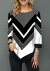 2026 Nuevo Top Casual Holgado para Mujer Estilo Europeo y Americano Impreso en 3D con Bloques de Color, Cuello en V, Manga Tres Cuartos, Moderno y Versátil