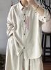 Camisa de lino para mujer, estilo retro artístico, holgada, talla grande, adelgazante, con bordado, cárdigan de manga larga, 786
