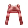 Z Estilo Europeu e Americano Transfronteiriço 2026 Nova Moda Elegante Feminino Manga Longa Ombro a Ombro Listrado Curto Tricô Top 2142265