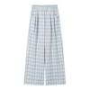 Calça xadrez azul Dopamine feminina primavera e outono 2025, nova calça casual de cintura alta, solta, estilo preguiçosa, perna larga