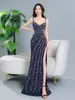 Vestido de Noite Sexy de Alça com Decote Profundo, Design Exclusivo de Alto Padrão, Bordado com Pedras, Slim Fit, Valoriza a Silhueta, Fenda, Bodycon, Vestido Sereia