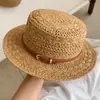 Chapéu de Palha Retrô Estilo Britânico com Topo Reto para Mulheres, Chapéu de Sol e Proteção Solar Vazado de Verão, Chapéu de Sol de Palha Estilo Férias na Praia