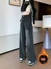 Jeans de Cintura Alta Reto com Forro de Lã Preto Estilo Americano Feminino Inverno Novo Estilo Emagrecimento Caimento Solto Perna Estreita Larga Calças