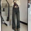 Jeans de perna larga, caimento solto, cor cinza cimento, tamanho plus size para mulheres, coleção de outono, projetado para tipos de corpo pera, cintura alta, efeito emagrecedor, perna reta, calça comprida