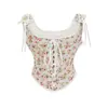 Corset de amarração frontal estilo francês, modelador vintage ajustável com estampa de pintura a óleo, colete com cadarço para mulheres, top corset em camadas