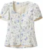 Camisa Feminina Quadrada com Estampa Floral Manga Curta Bufante Cropped Emagrecedora Verão Roupas Femininas Transfronteiriças Em Estoque Atacado