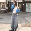 En stock: Pantalones vaqueros casuales de corte ancho, elásticos, lavados y de ajuste holgado para mujer, con un elegante diseño de retazos, perfectos para otoño e invierno.