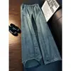 Jeans retro azules curvos deconstruidos con cierre de botón para hombre, pantalones de corte inclinado estilo americano lavados con pierna curva, pantalones de pierna recta para ropa de trabajo ligeramente acampanados