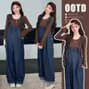 Ropa de maternidad para otoño, nuevo estilo casual para mamás a la moda, peto de mezclilla simple talla grande con top de algodón de manga acampanada, conjunto de dos piezas