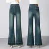 Calça jeans flare azul para mulheres, novo estilo outono, cintura alta, elástica, modeladora, com design de barra desfiada e silhueta levemente flare