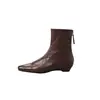 Botas curtas de salto médio femininas feitas de couro bovino de primeira camada, novo estilo outono e inverno, couro genuíno, bico quadrado, zíper traseiro, botas curtas justas vintage