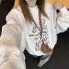 Sudadera con capucha engrosada forrada de polar blanco y gris para mujer, nuevo estilo popular 2026, top americano de cuello redondo suelto de manga larga para otoño e invierno