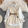 Camisa Blanca de Manga de Linterna de Primavera Ropa para Mujer Reductora de Edad Dulce Holgada Cubre Grasa Chaleco Dividido Suéter Conjunto Apilado de Dos Piezas
