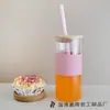 Copo de Palha com Tampa de Madeira de Bambu Copo de Água de Alto Borossilicato Exportação Personalizada Manga de Silicone Copo de Água