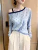 Camiseta Manga Longa Azul Suave com Bolinhas Estilo Coreano, Uma Alça, para Mulheres 2026 Nova Moda Tomara-que-Caia para Mulheres A13300