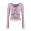 Camiseta Base de Manga Larga Retorcida con Cuello en V Estilo Puro Deseo para Mujer, Camiseta de Patchwork de Encaje Estilo Coreano para Principios de Otoño, Top Falso de Dos Piezas